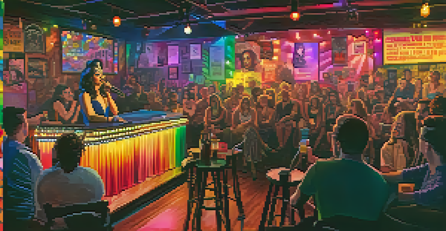A drag artist performing on stage in a cozy LGBTQ+ venue, surrounded by an engaged audience and colorful stage lights.
