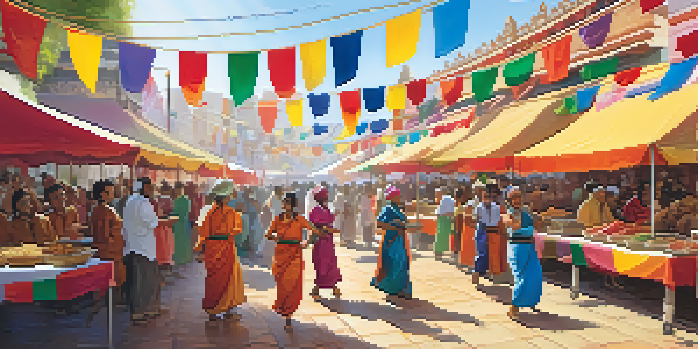 A lively cultural festival with people in traditional clothing dancing, food stalls, and colorful decorations.