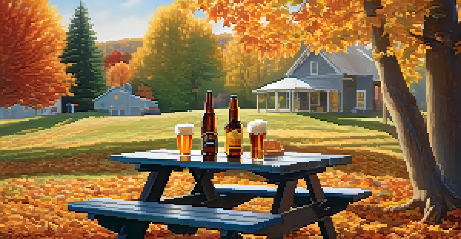 A picnic table with seasonal beers surrounded by colorful autumn leaves and warm sunlight.