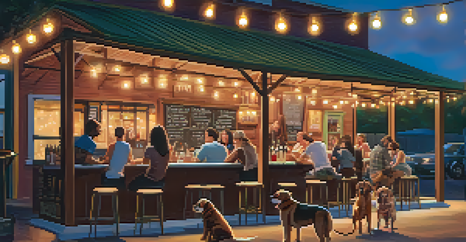A cozy bar patio in Austin with friends enjoying drinks and dogs relaxing around them.