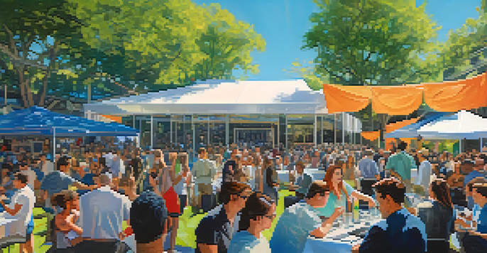 A busy tech conference in Austin with diverse attendees networking and discussing innovations, surrounded by colorful banners and greenery.