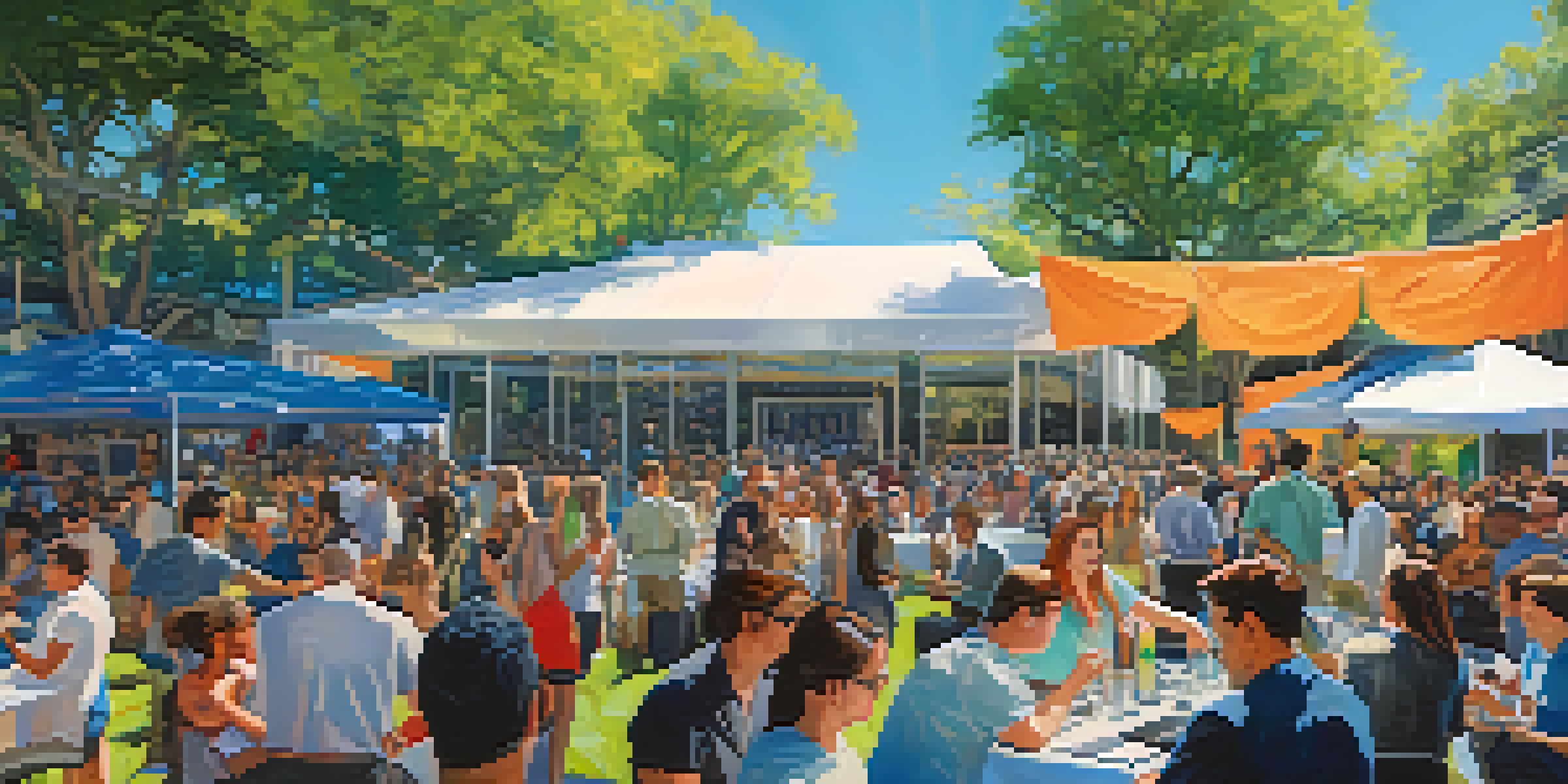 A busy tech conference in Austin with diverse attendees networking and discussing innovations, surrounded by colorful banners and greenery.
