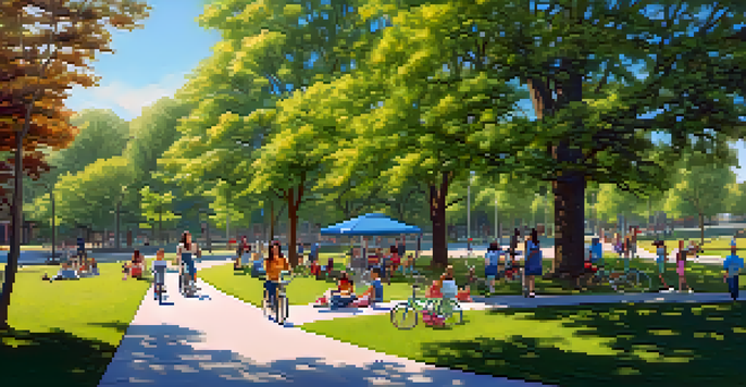 A lively urban park in Austin with families picnicking, children playing, and people walking dogs among trees and flowers under a clear blue sky.