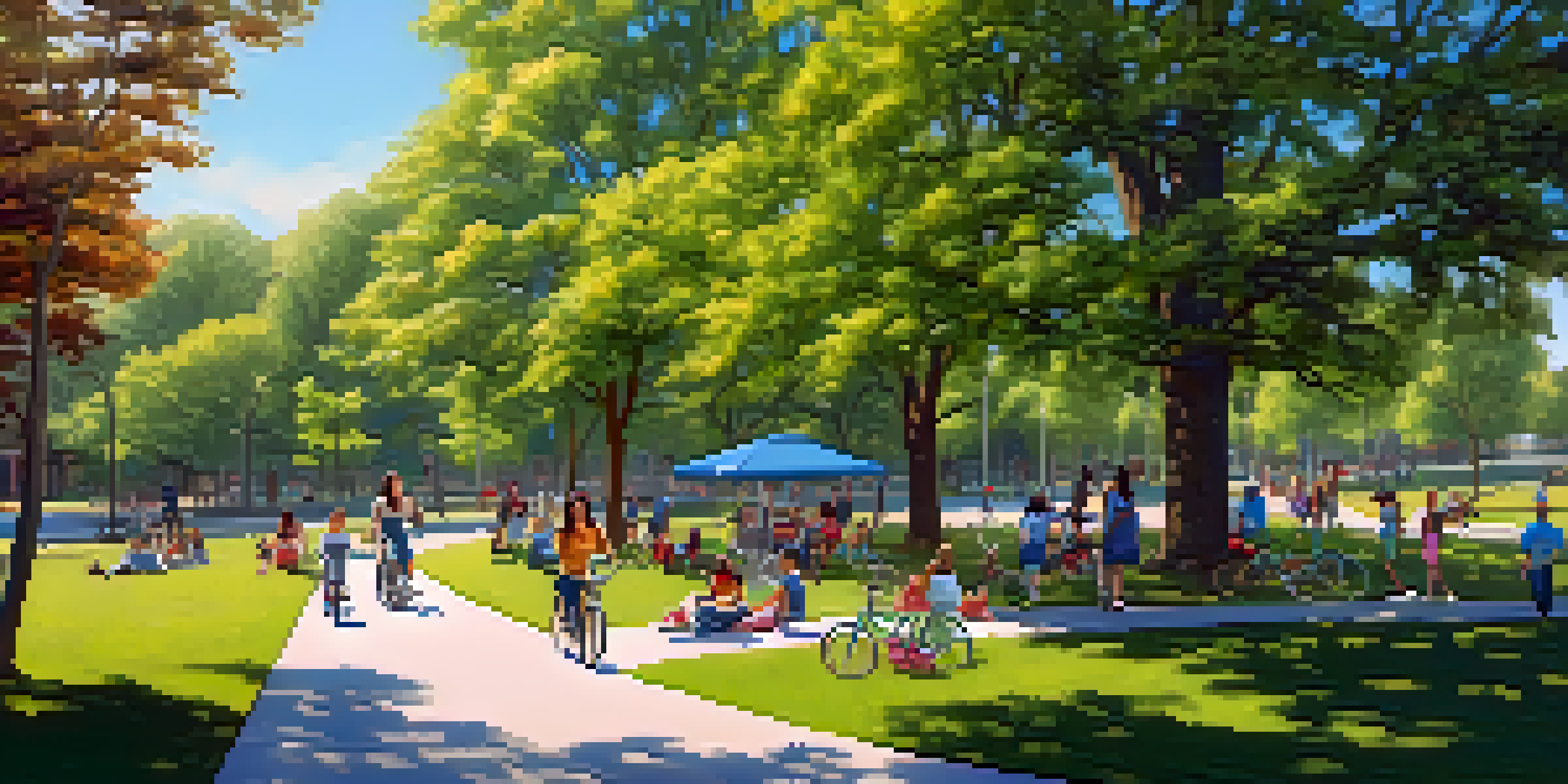 A lively urban park in Austin with families picnicking, children playing, and people walking dogs among trees and flowers under a clear blue sky.