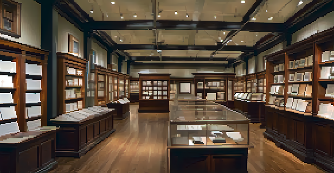 An interior view of the Austin History Center filled with historical documents and artifacts, with visitors exploring the exhibits under warm lighting.