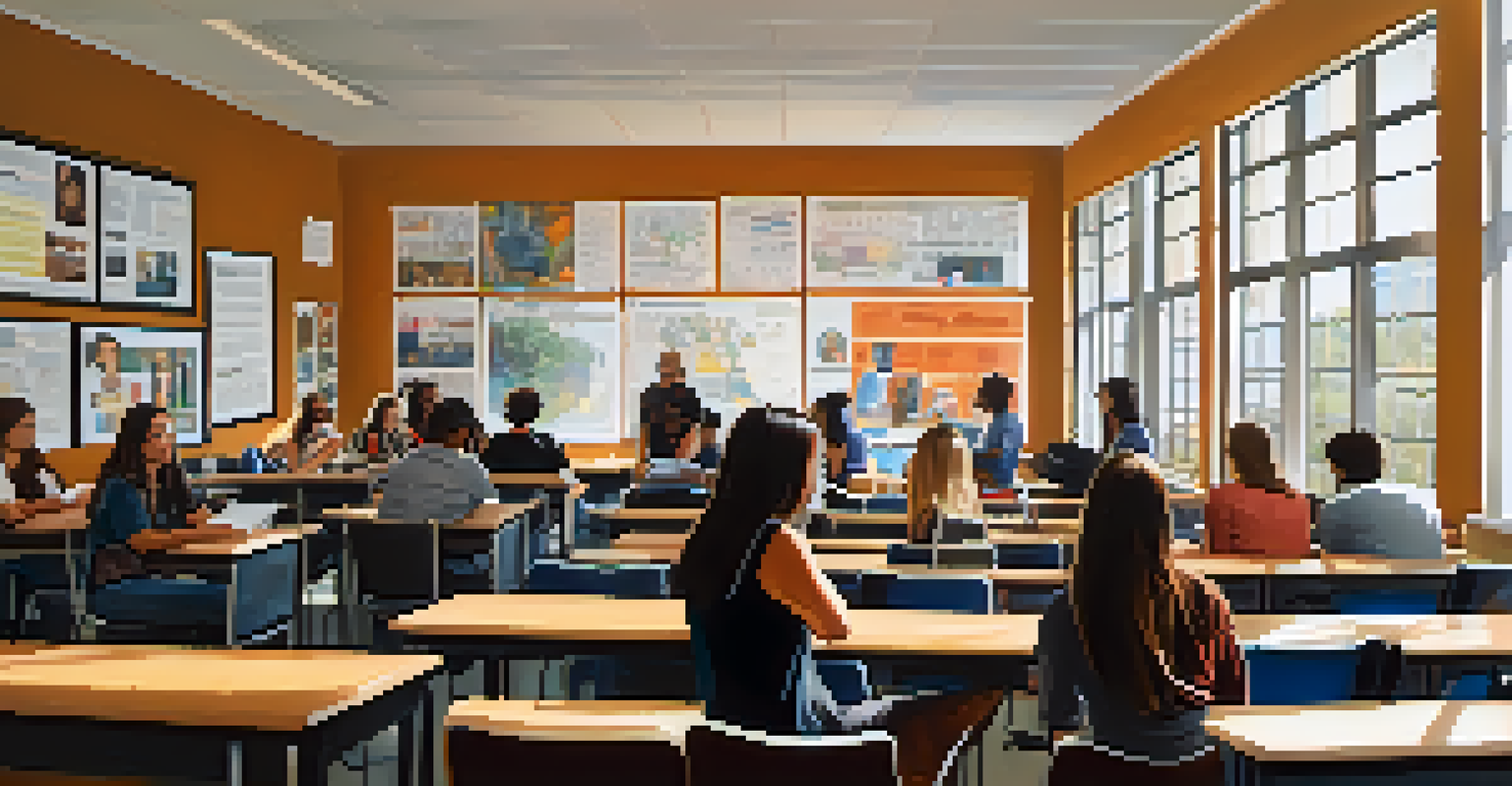 A university classroom filled with students discussing social justice topics, with posters on the walls and natural light coming through windows.