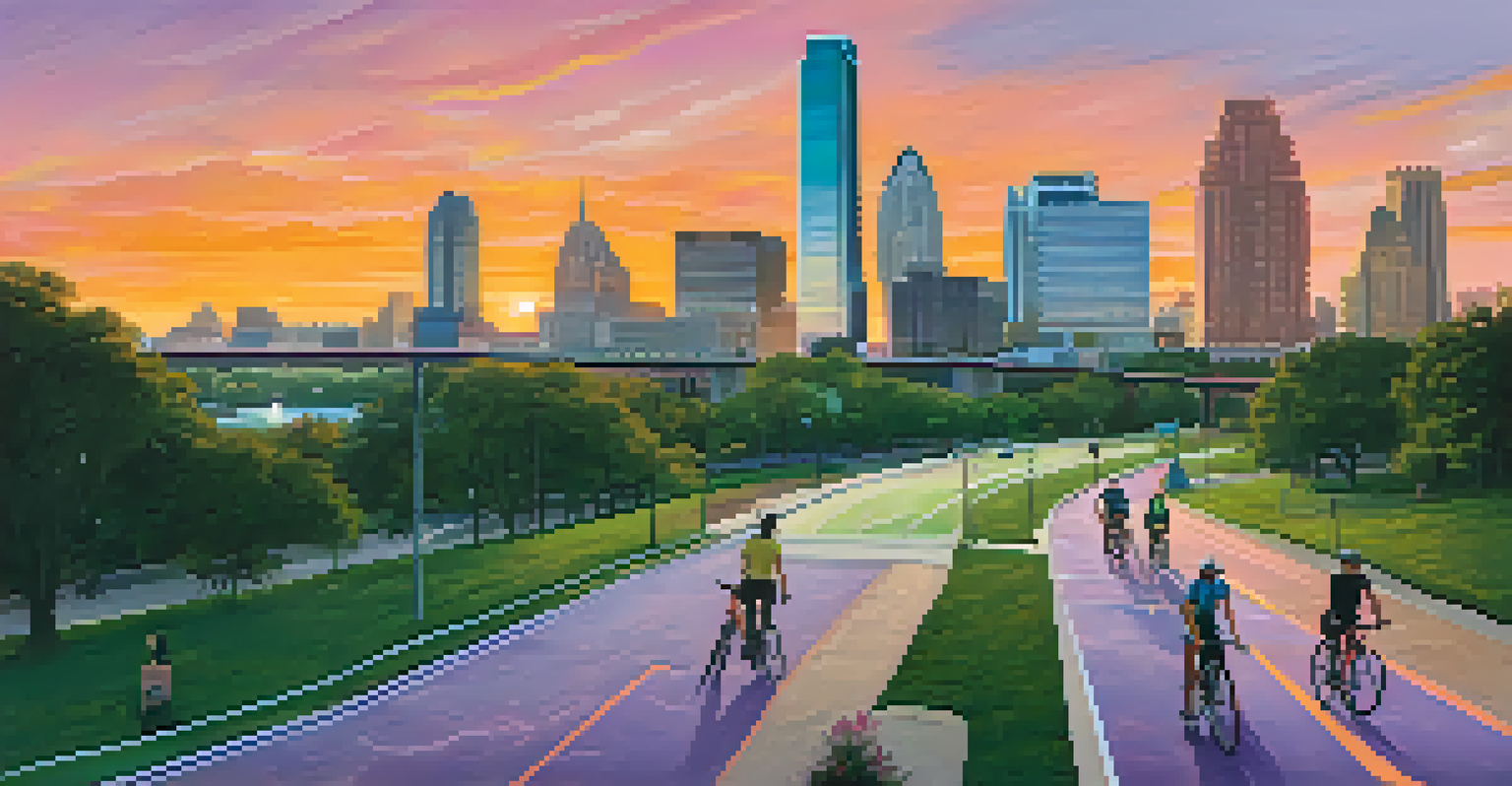 A panoramic view of Austin's skyline at sunset, with modern skyscrapers, green spaces, cyclists, and pedestrians on bike lanes, and a colorful sky.