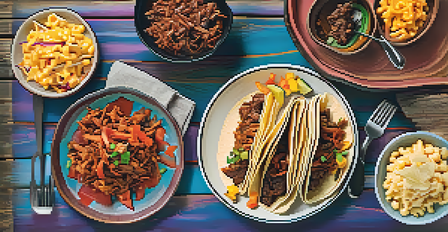 A plate of smoked brisket tacos with kimchi, surrounded by side dishes, on a rustic wooden table.