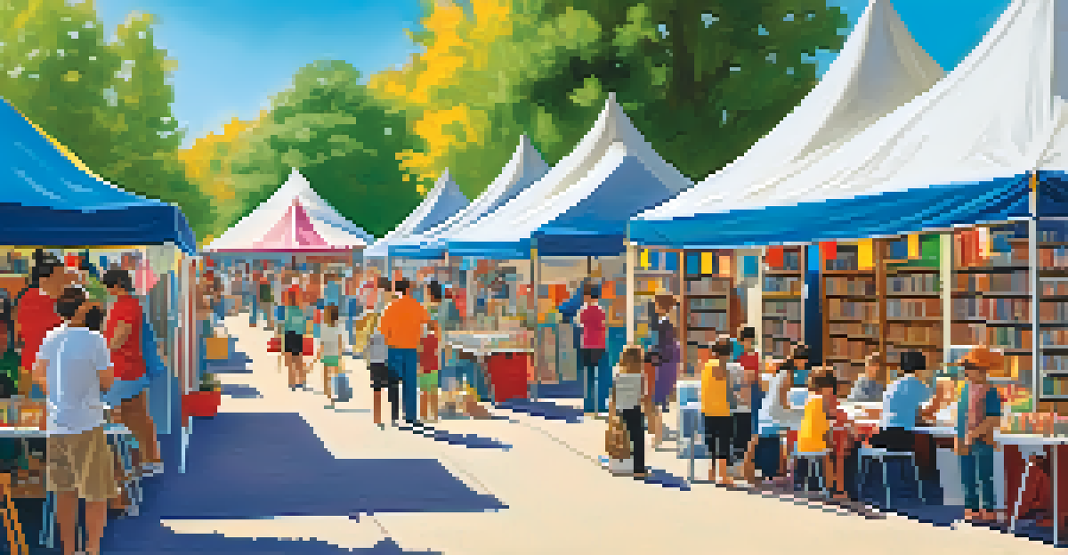 An outdoor book fair showcasing independent bookstores with families and children participating in activities under colorful tents.
