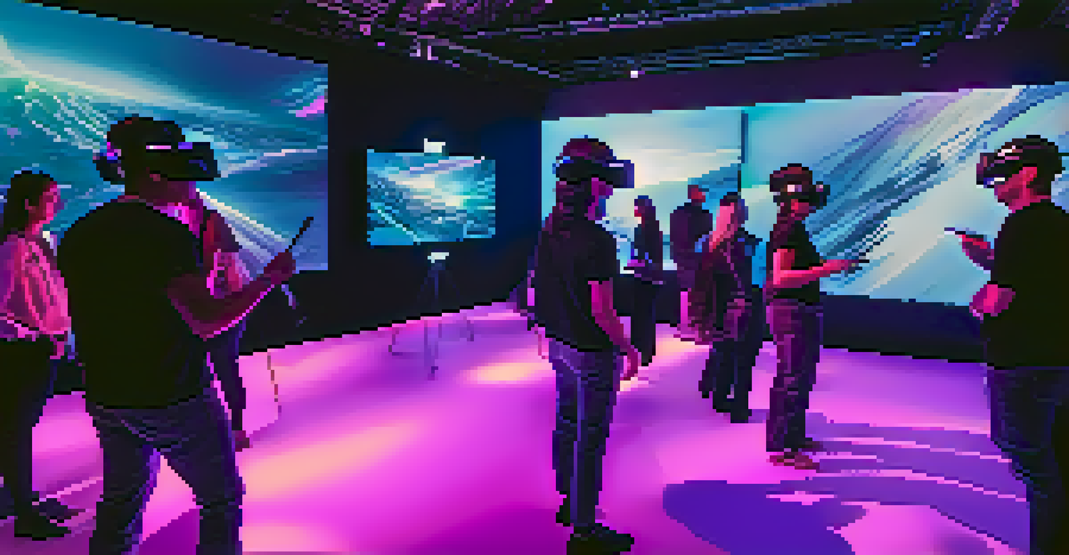 Attendees engaging with virtual reality experiences at SXSW, surrounded by glowing screens and modern technology displays.