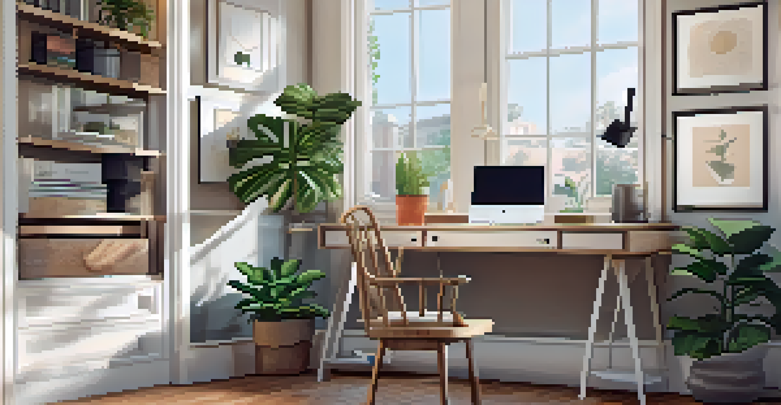 Cozy home office setup with a stylish desk, laptop, and natural light streaming in from a window.