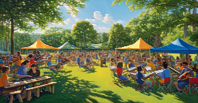 Young musicians enjoying an outdoor music camp in Austin, playing instruments under a sunny sky, surrounded by green trees and colorful tents.