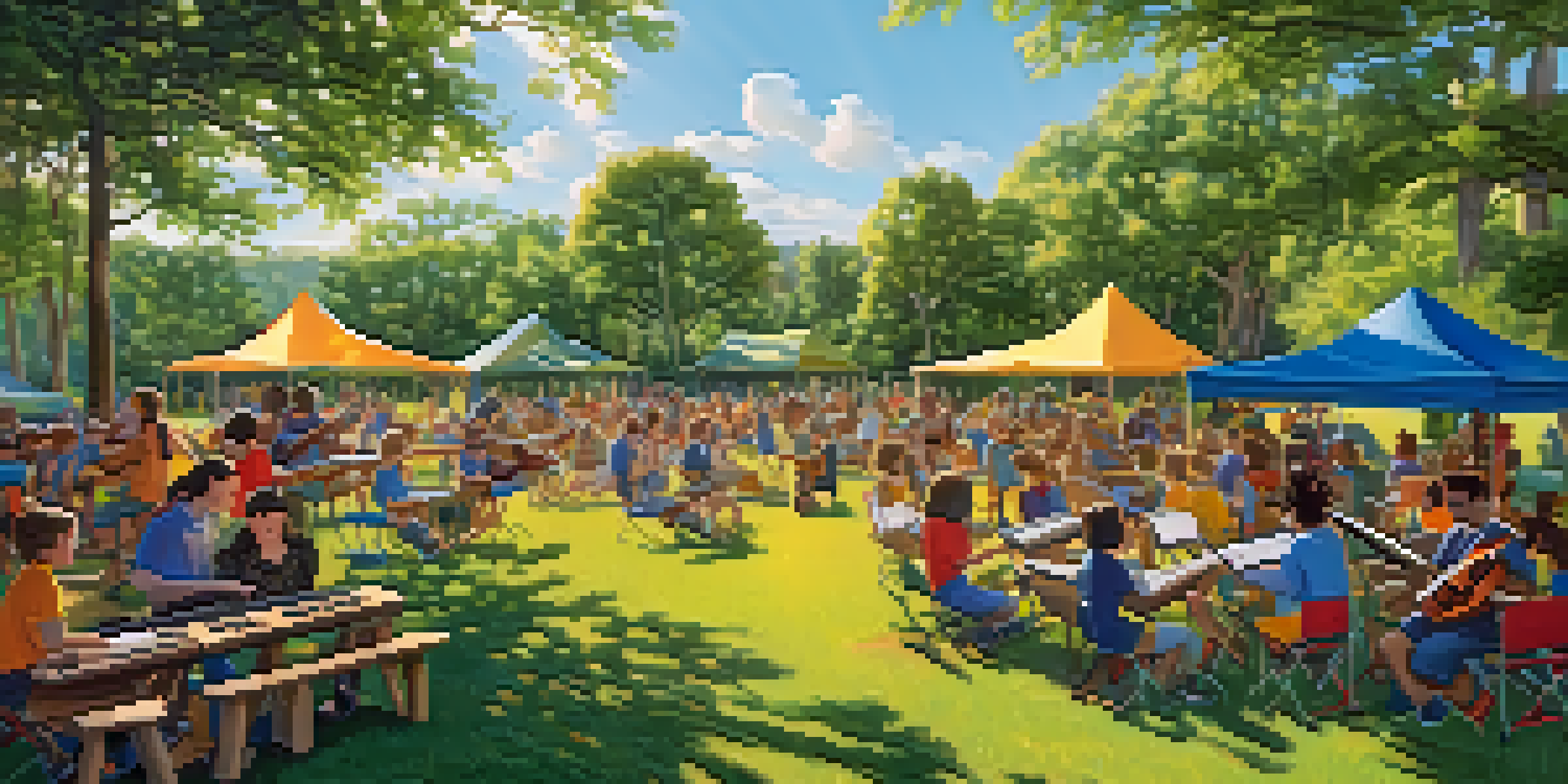 Young musicians enjoying an outdoor music camp in Austin, playing instruments under a sunny sky, surrounded by green trees and colorful tents.