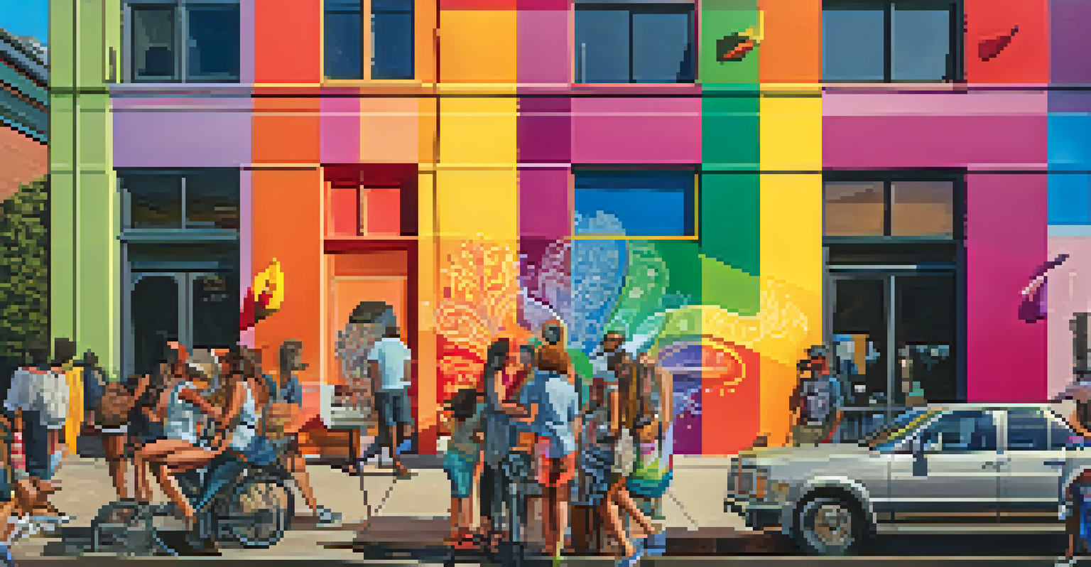 A colorful mural depicting LGBTQ+ culture in Austin, with diverse people admiring it in an urban environment.