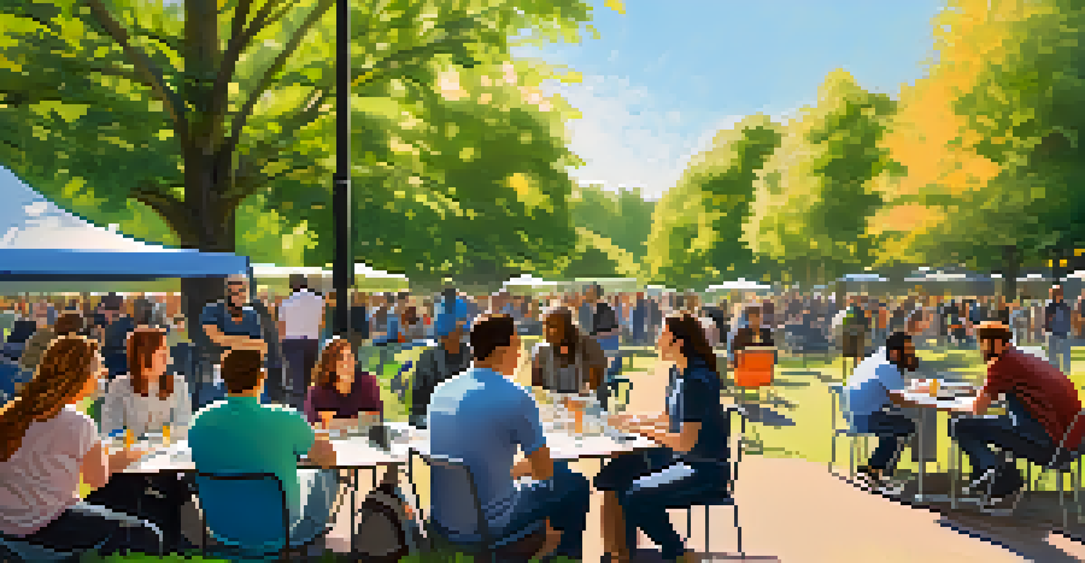 An outdoor tech meetup with people networking and discussing in a sunny park, surrounded by trees and colorful banners.