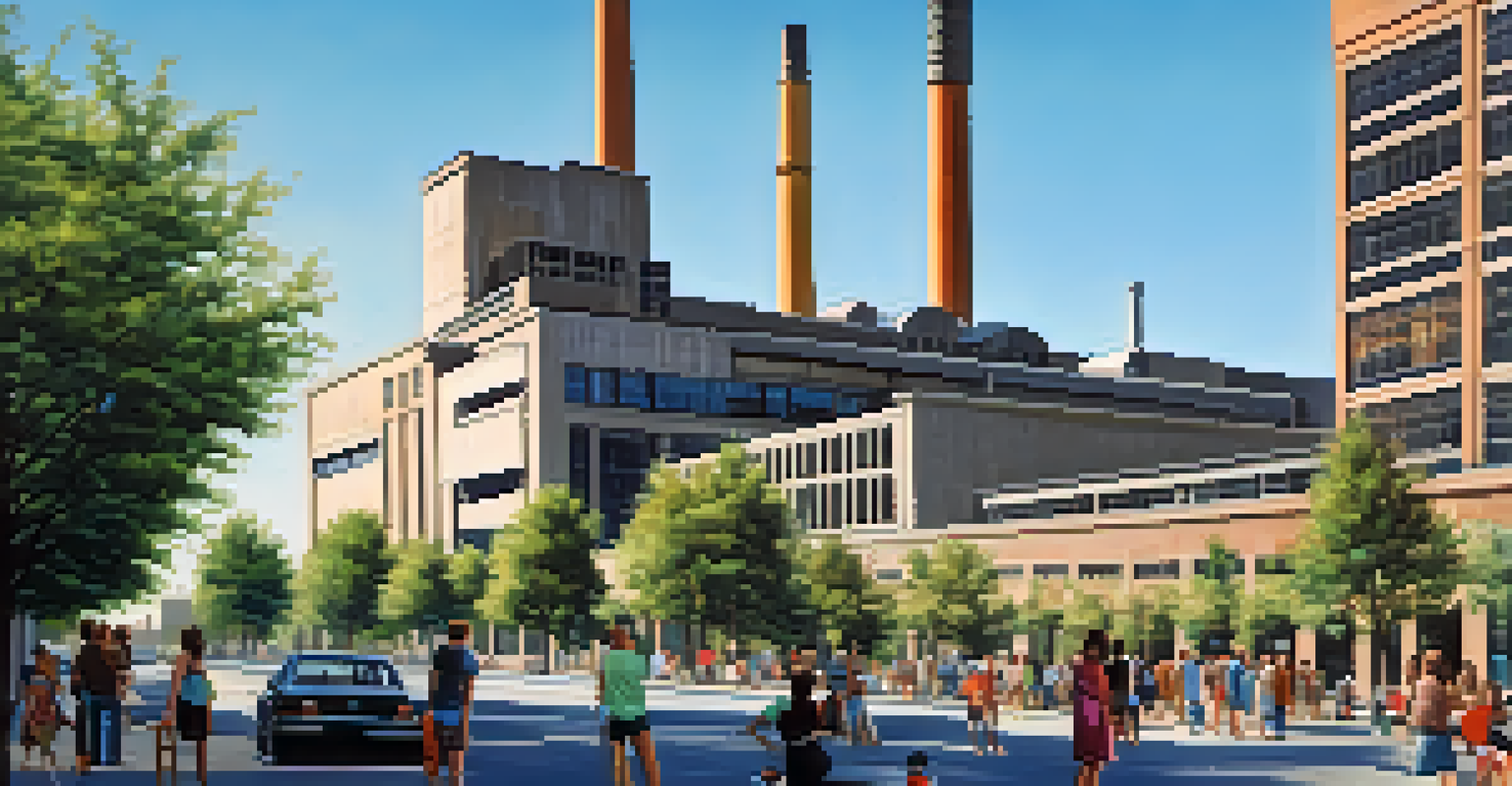 An artistic view of the Seaholm Power Plant, showcasing its preserved exterior and surrounding modern developments under a clear sky.