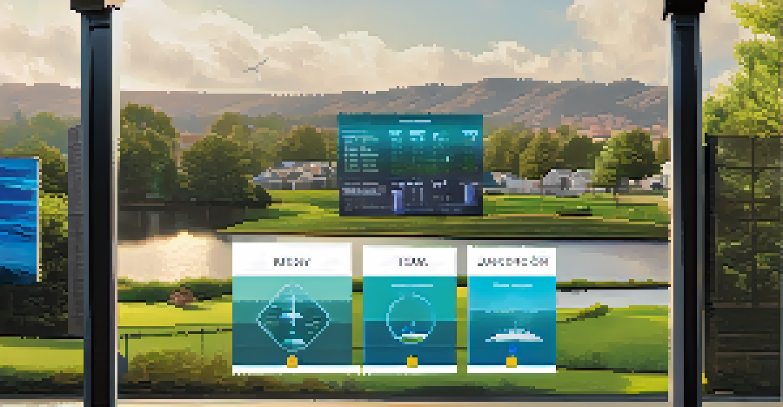 A modern smart water management system panel showing real-time data in an urban neighborhood.