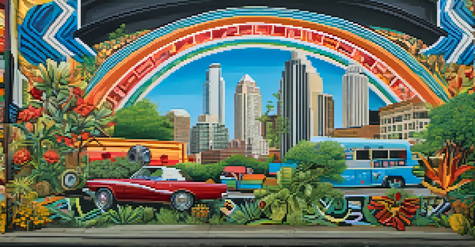 A detailed close-up of a vibrant mural representing Austin's culture, featuring the skyline and musical instruments.