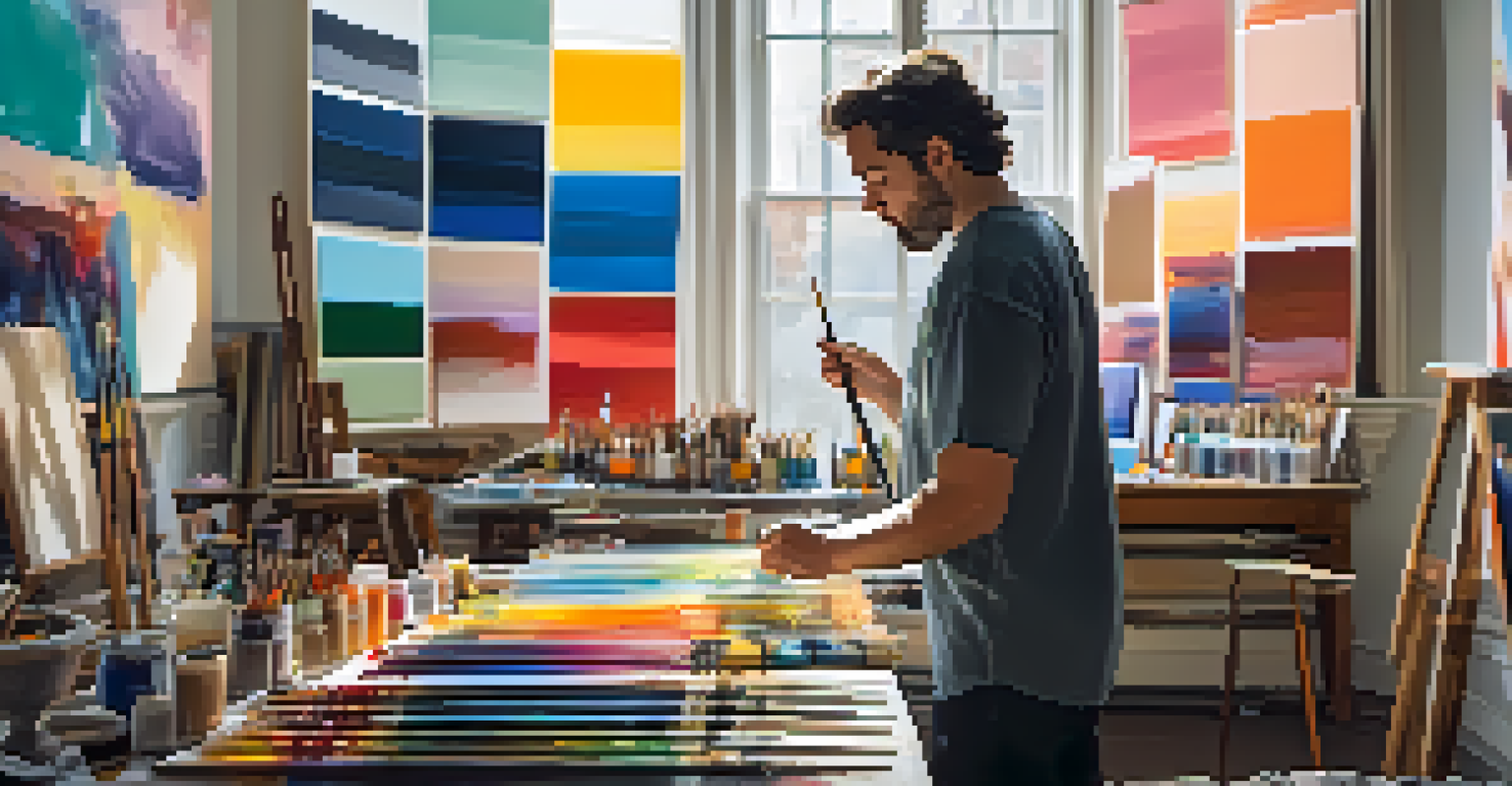 An artist in a brightly lit studio, painting on a large canvas surrounded by art supplies.