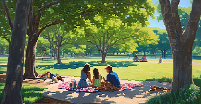 A lively park scene in Austin with families enjoying a picnic and a couple walking their dog, surrounded by green trees and colorful flowers under a blue sky.