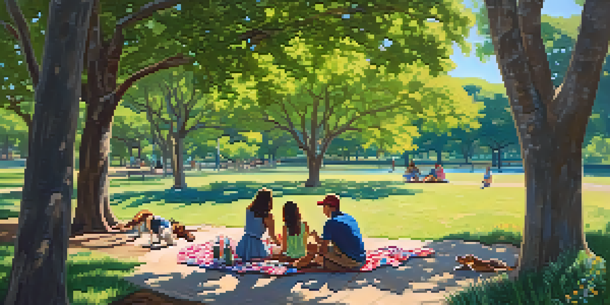 A lively park scene in Austin with families enjoying a picnic and a couple walking their dog, surrounded by green trees and colorful flowers under a blue sky.