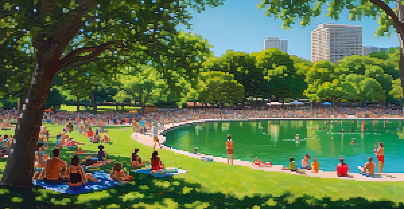 A sunny day at Zilker Park with people picnicking and enjoying Barton Springs Pool, surrounded by green lawns and colorful flowers.