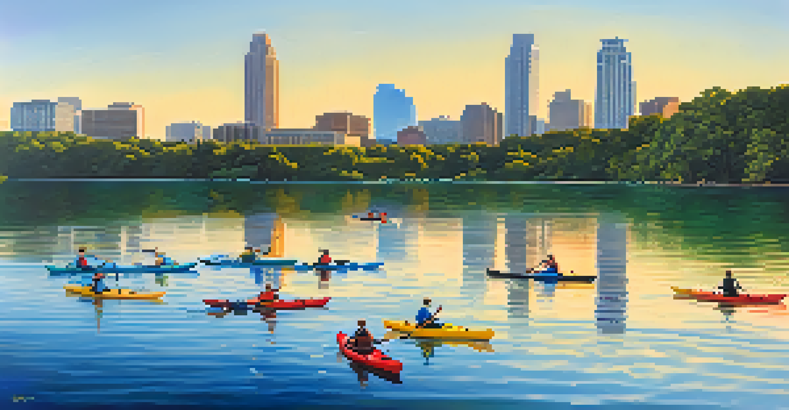 An energetic image of people kayaking on Lady Bird Lake against the Austin skyline, showcasing colorful kayaks and vibrant greenery along the shore.
