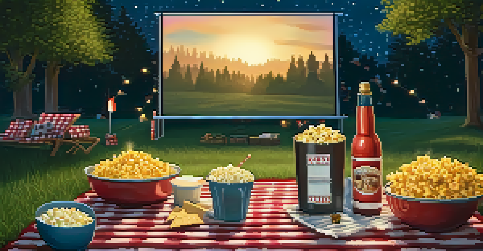 A cozy picnic setup for an outdoor movie night with snacks and a film playing in the background.