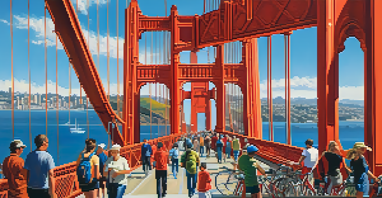 A lively scene at the Golden Gate Bridge with people walking and cycling, under a clear blue sky.
