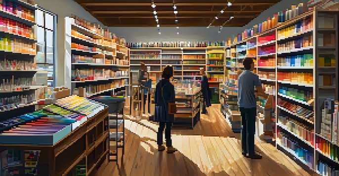 An inviting art supply store with colorful shelves of art materials and customers exploring the aisles.