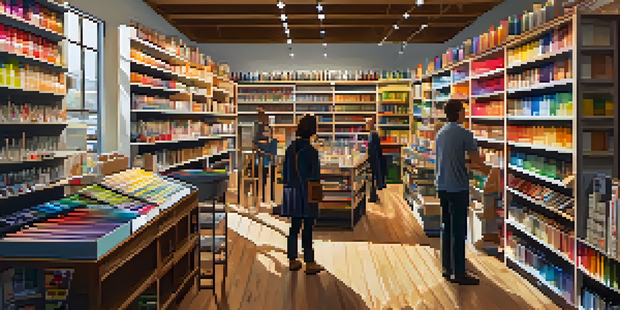 An inviting art supply store with colorful shelves of art materials and customers exploring the aisles.