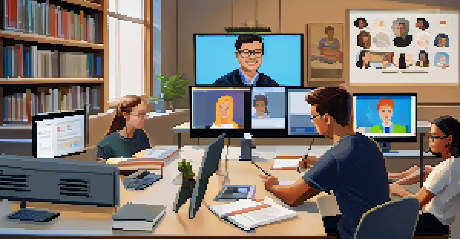 An instructor leading an online class with multiple screens showing engaged students, in a well-organized room filled with educational books.