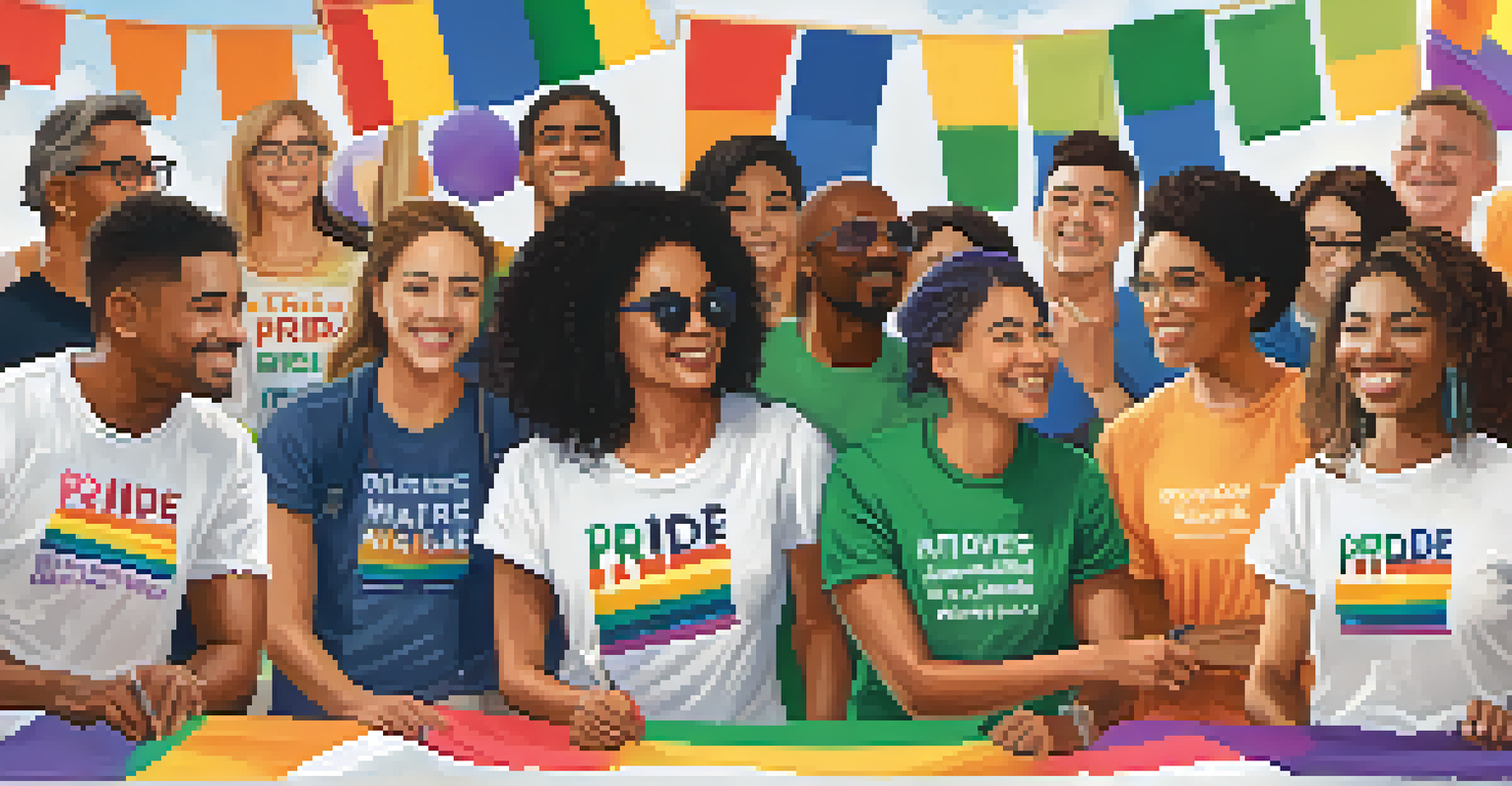 A diverse group of activists volunteering during Pride Month, working together to set up for an event, showcasing unity and community spirit.