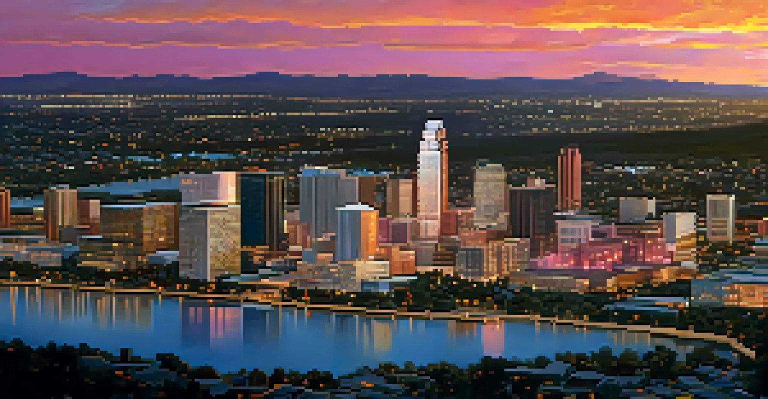 Aerial view of Silicon Hills in Austin, Texas, during sunset, showcasing the vibrant cityscape with the Colorado River and illuminated buildings.
