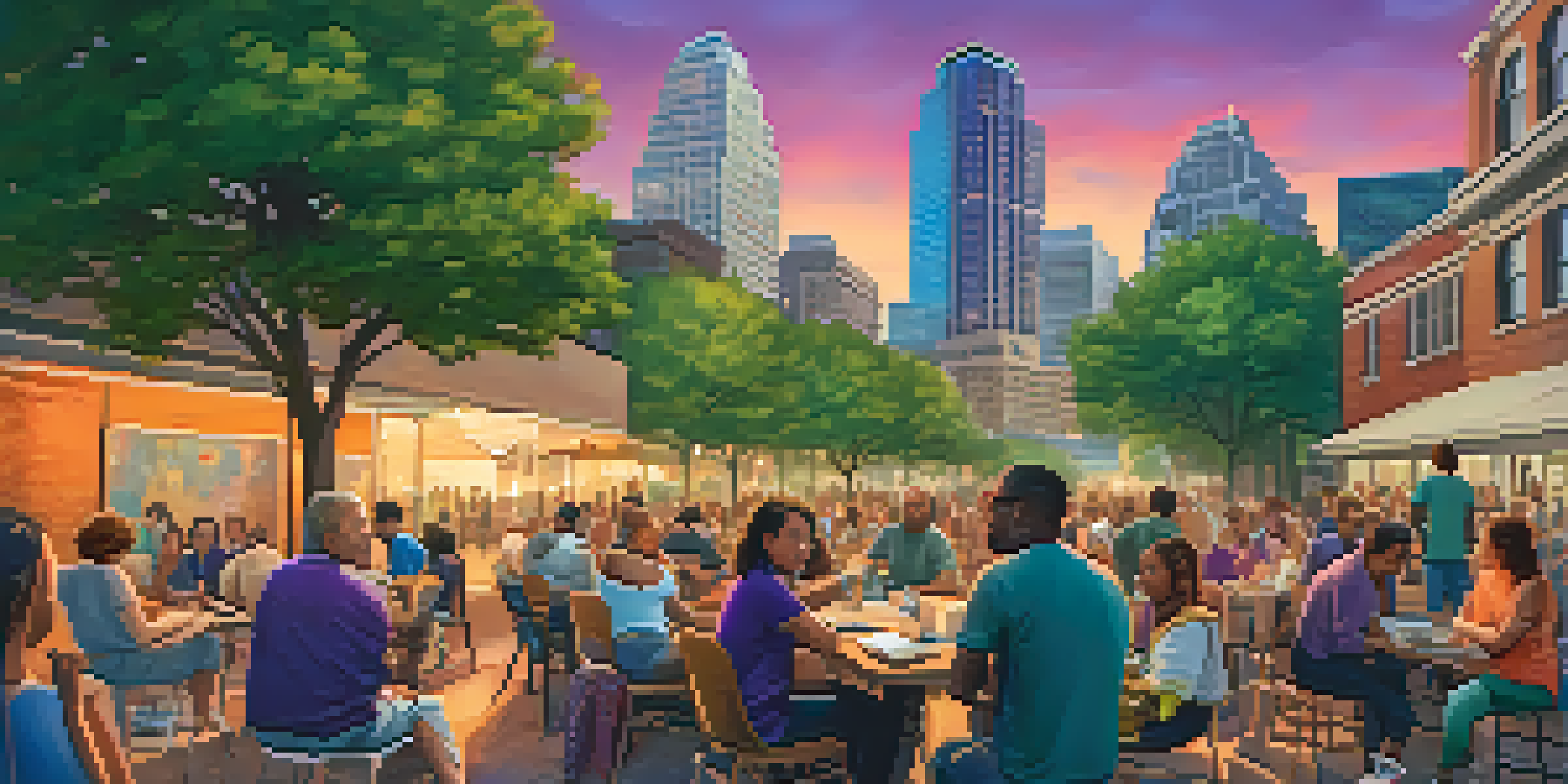 A diverse group of residents in Austin engaged in a community meeting, surrounded by city skyline and sunset.