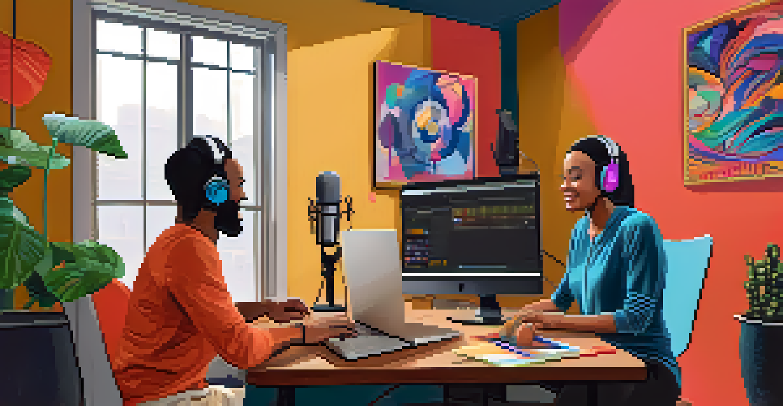 A cozy podcast recording session with two hosts discussing ideas at a table, surrounded by soundproofing and warm lighting.