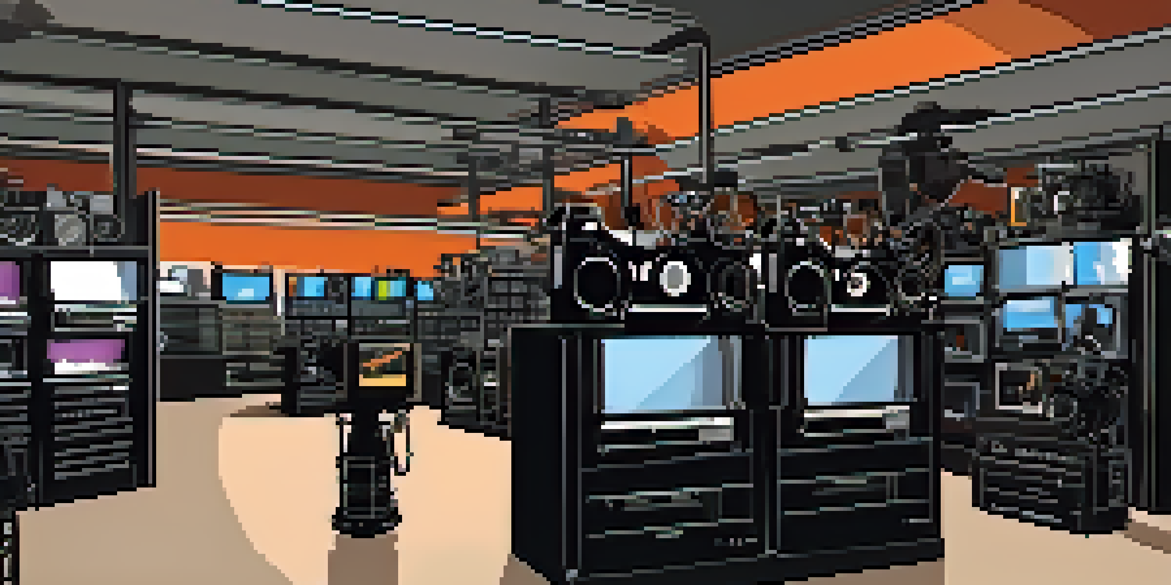 An interior of a film equipment rental shop with various cameras and lighting equipment, staff helping a customer, and a view of the city outside.