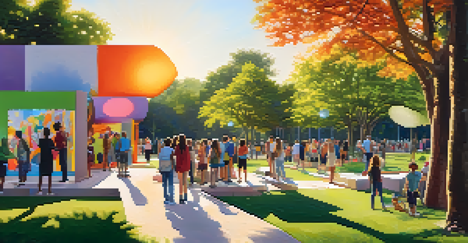 An outdoor art exhibition in a park with colorful sculptures, visitors admiring the art, and a warm sunset.