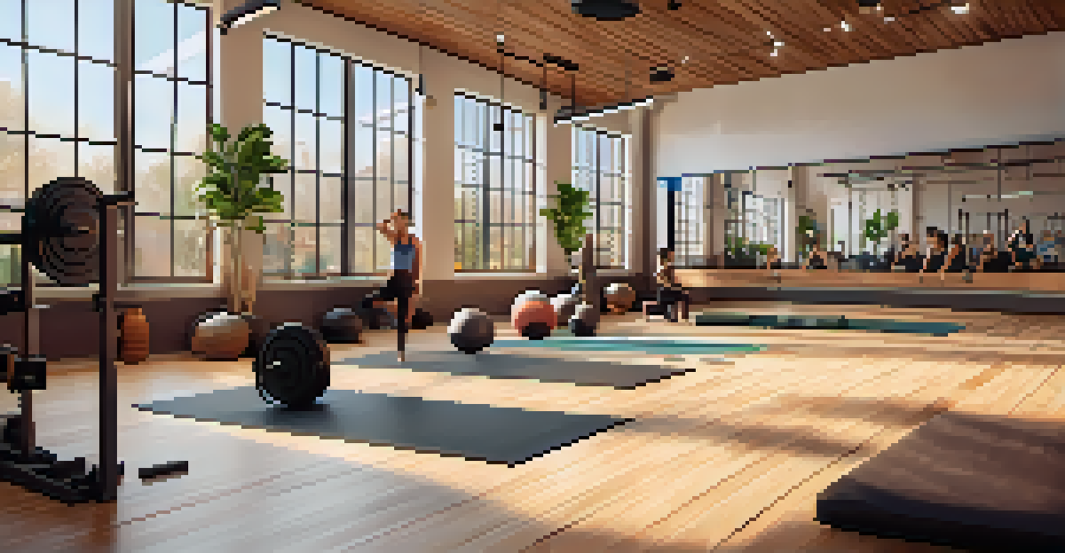 A cozy local gym with a warm atmosphere, featuring a yoga class and individuals lifting weights.