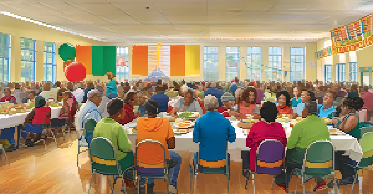 A community meal program event with a long table of hot meals where diverse individuals are enjoying food and socializing in a colorful setting.