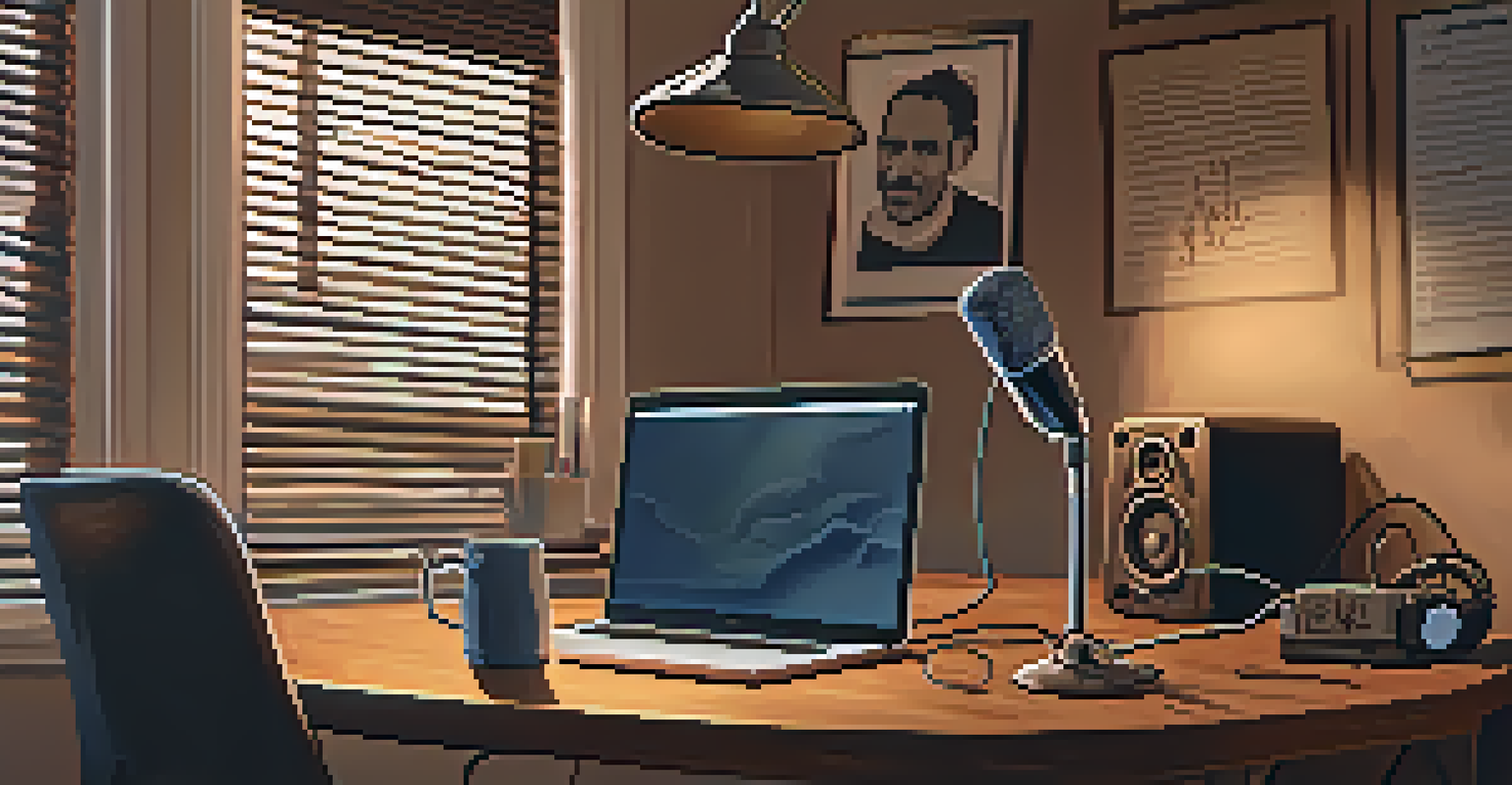 A cozy podcast recording setup with microphones, headphones, and a laptop, surrounded by comedian posters and a coffee cup.