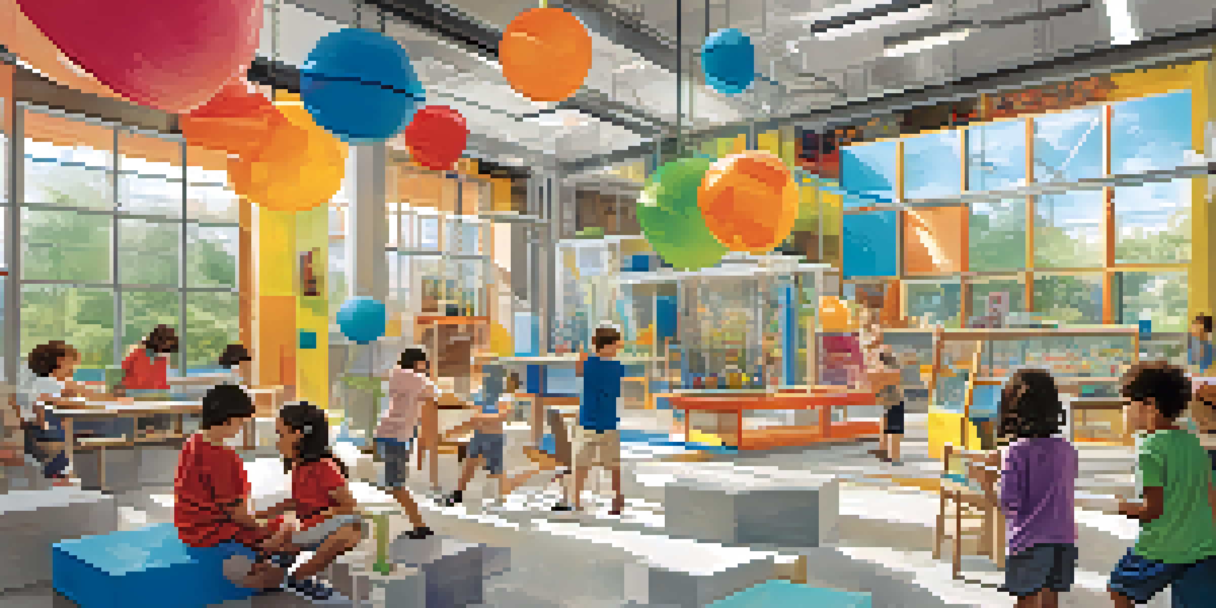Children actively participating in a hands-on science exhibit, surrounded by colorful displays and natural light.