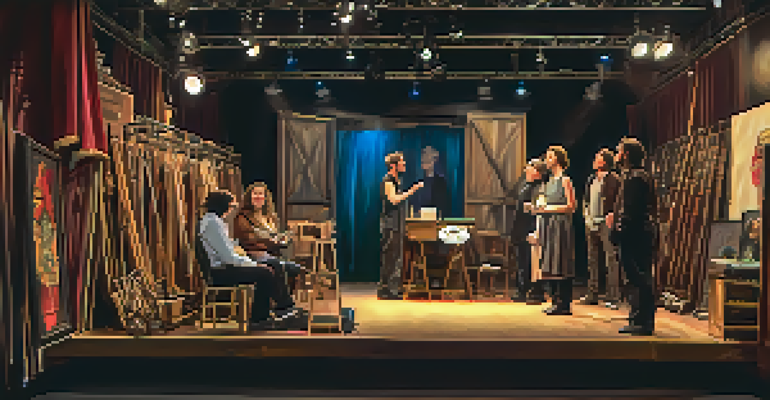 Local artists rehearsing backstage for a touring production, surrounded by props and costumes, highlighting creativity and collaboration.