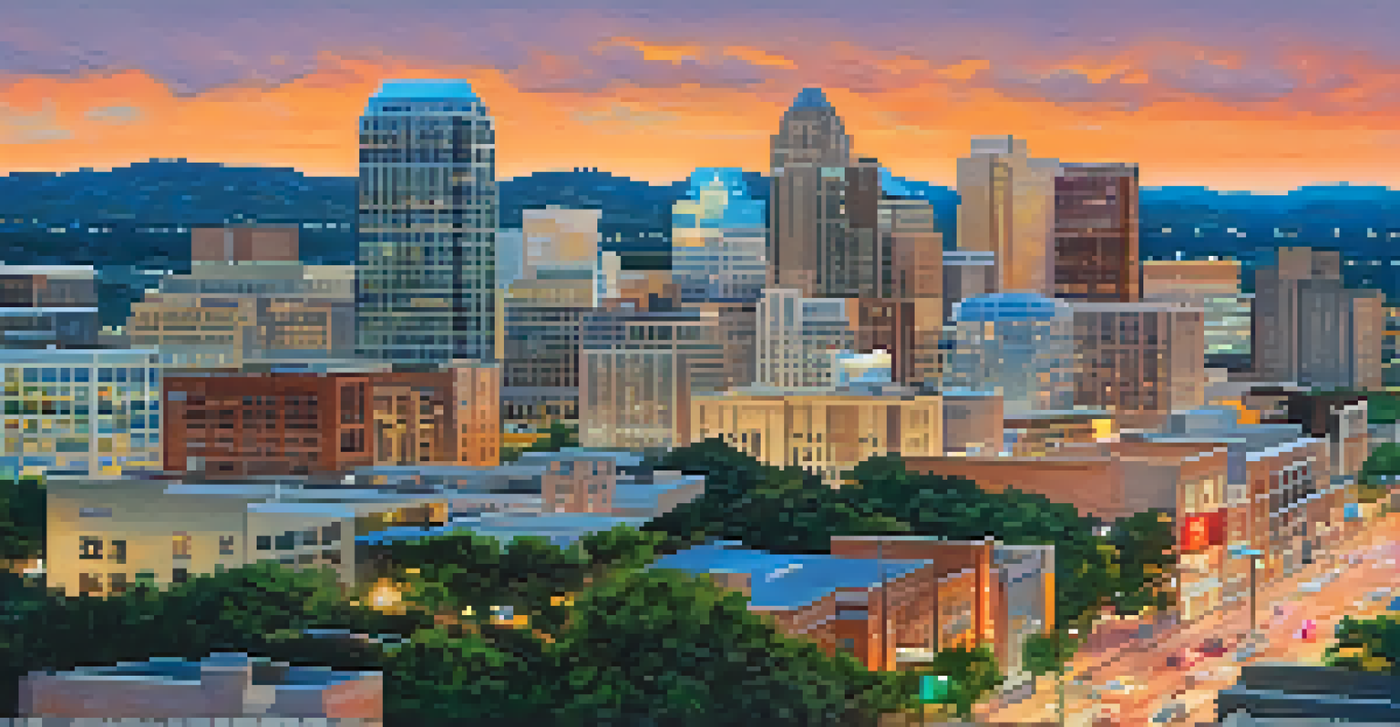 A modern view of downtown Austin, featuring art installations and people enjoying outdoor spaces, with a colorful sunset and distant hills in the background.