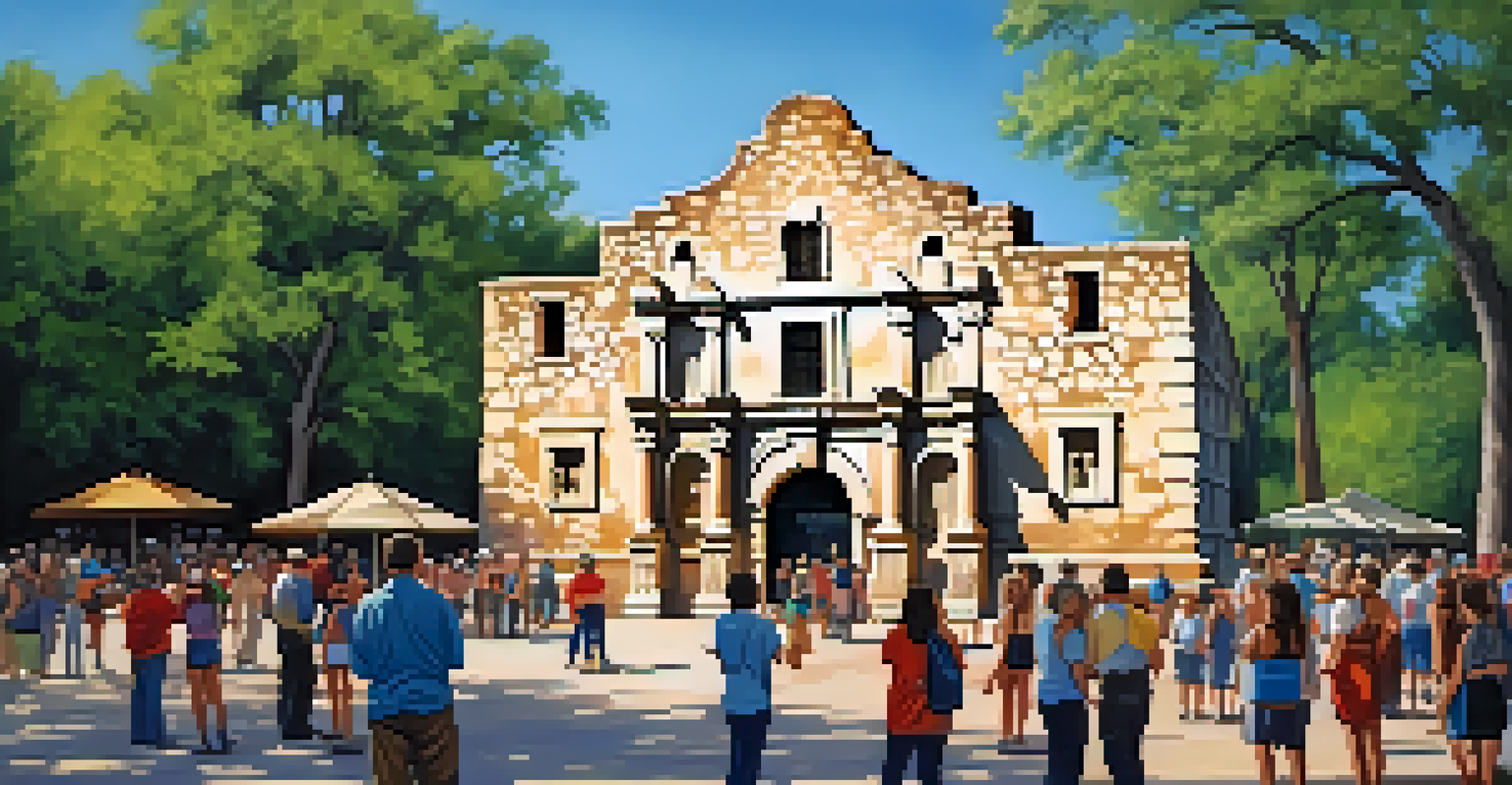 The Alamo surrounded by green trees and a clear sky, with tourists exploring the site and taking photos.