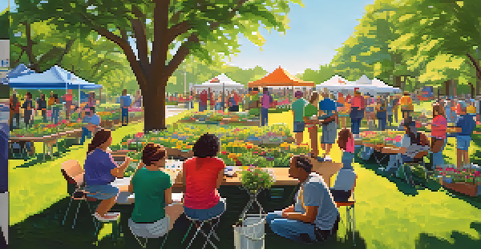 A diverse group of volunteers planting flowers in a sunny park in Austin, surrounded by colorful banners and lush greenery.