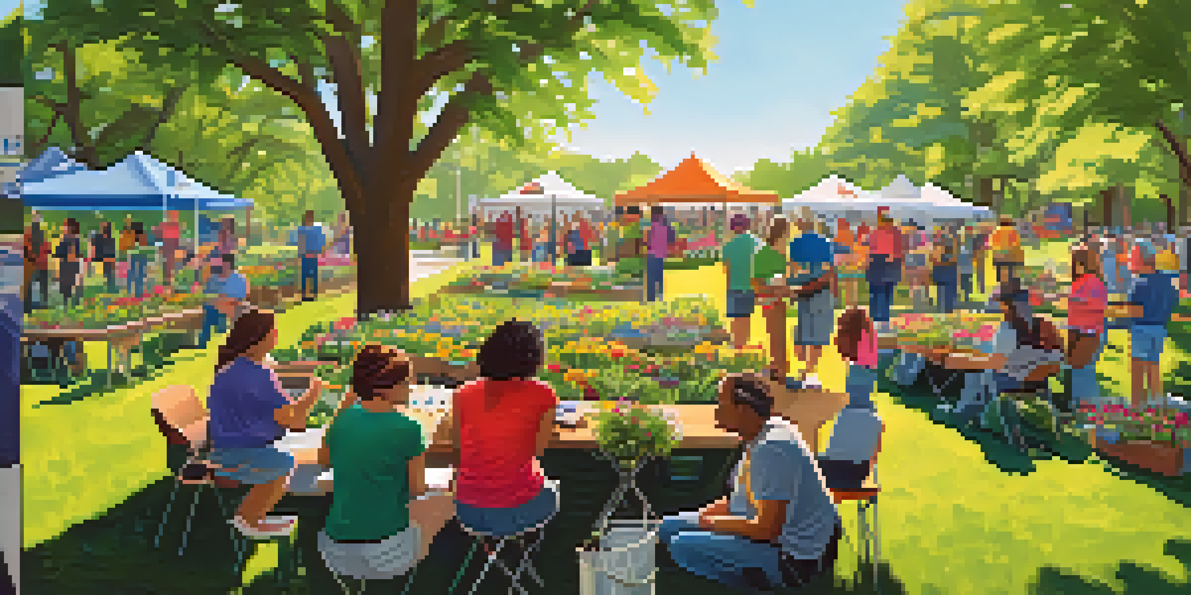 A diverse group of volunteers planting flowers in a sunny park in Austin, surrounded by colorful banners and lush greenery.