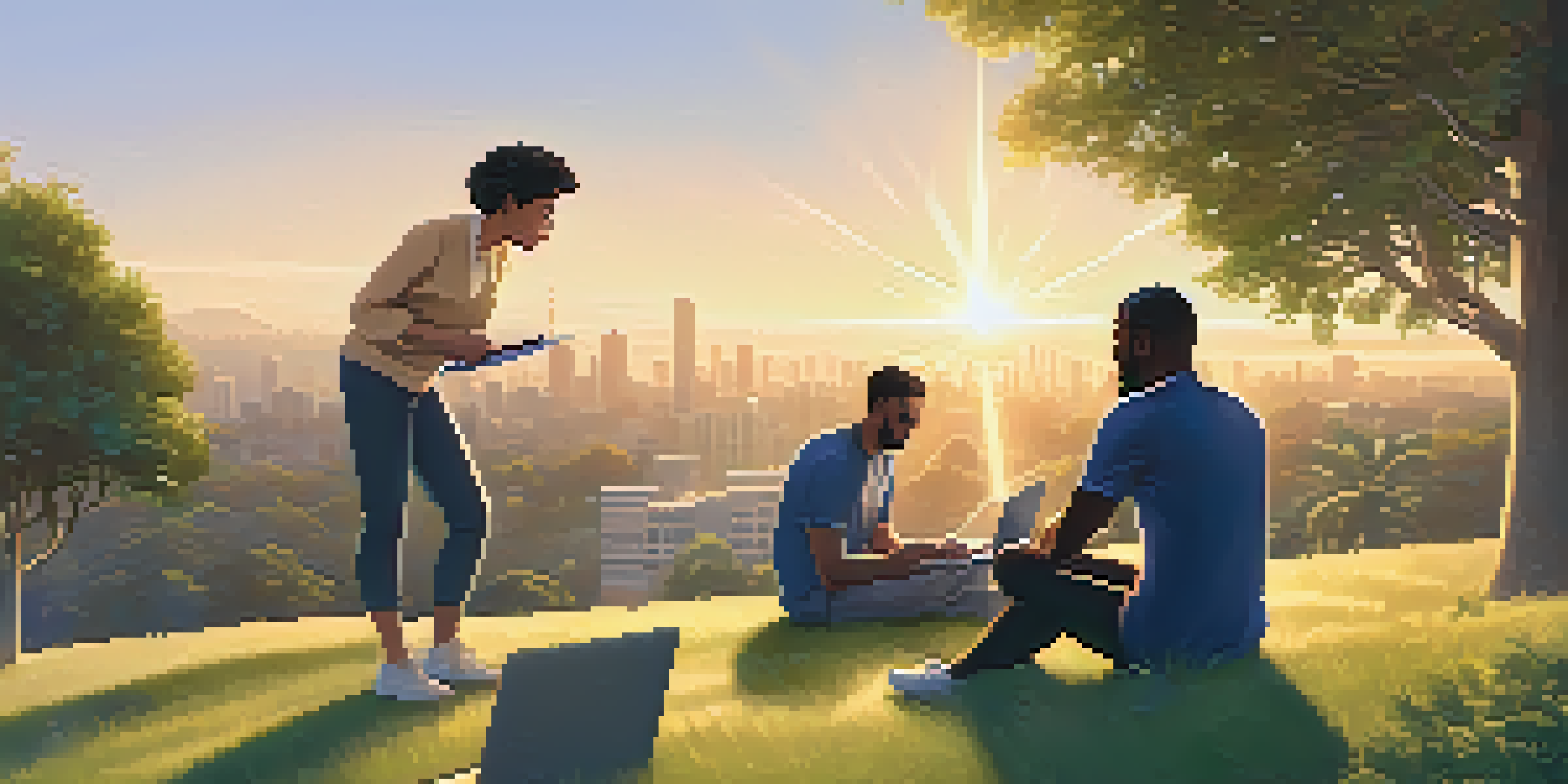 An outdoor mentorship session with a diverse older woman mentoring a younger man on a grassy hill during sunset.
