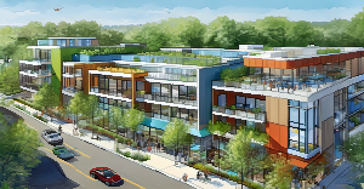 A futuristic mixed-use development in Austin showcasing residential, commercial, and recreational spaces with green rooftops and community gardens.