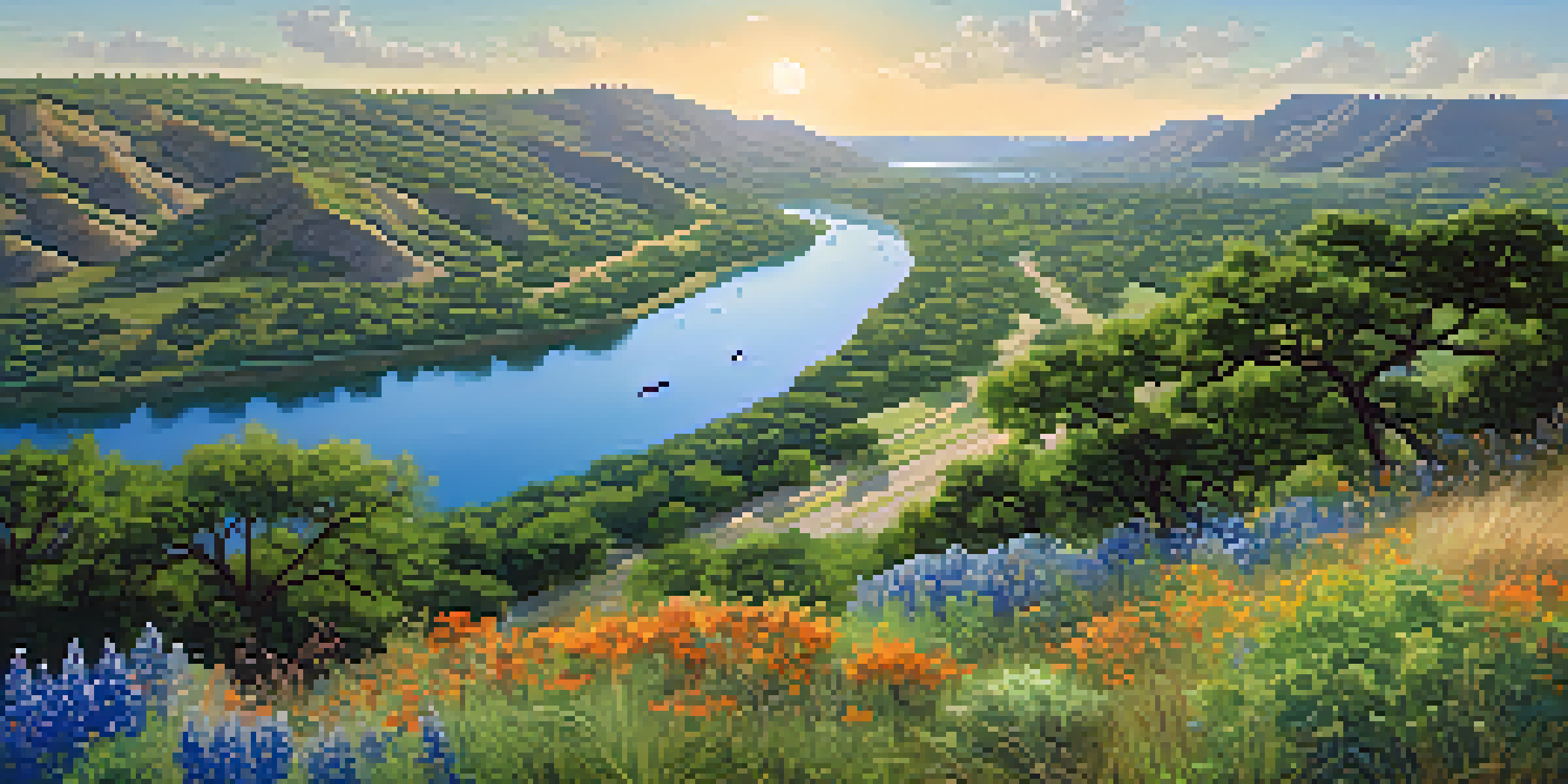 A panoramic view of Austin's diverse landscapes featuring rolling hills, greenery, and the Colorado River, adorned with Texas bluebonnets and birds in the sky.